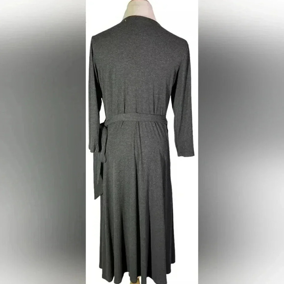 Knit Wrap Dress Gray Minimalist Career Office Slip-On Pockets Soft Stretch Midi - Picture 4 of 10